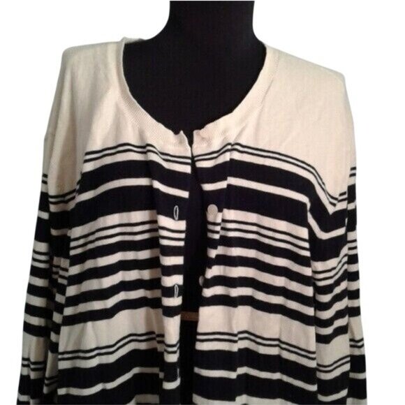 Merona Size 4 4X Womens Cardigan Sweater Striped Black White Cotton Blend - Picture 2 of 8